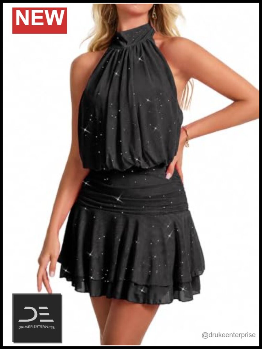 Sparkly Halter Mini Dress Backless Ruched Cocktail Party Dress